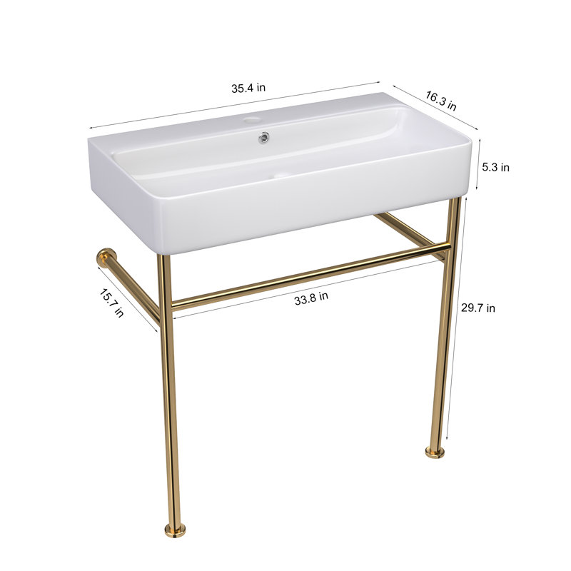 Logmey 29.7'' Tall White/Gold Ceramic Rectangular Console Bathroom Sink